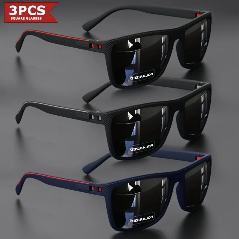 3pcs New Square Sunglasses Full Frame Polarized Spring Hinge Lightweight Unisex for Driving Fishing Sports Fashion