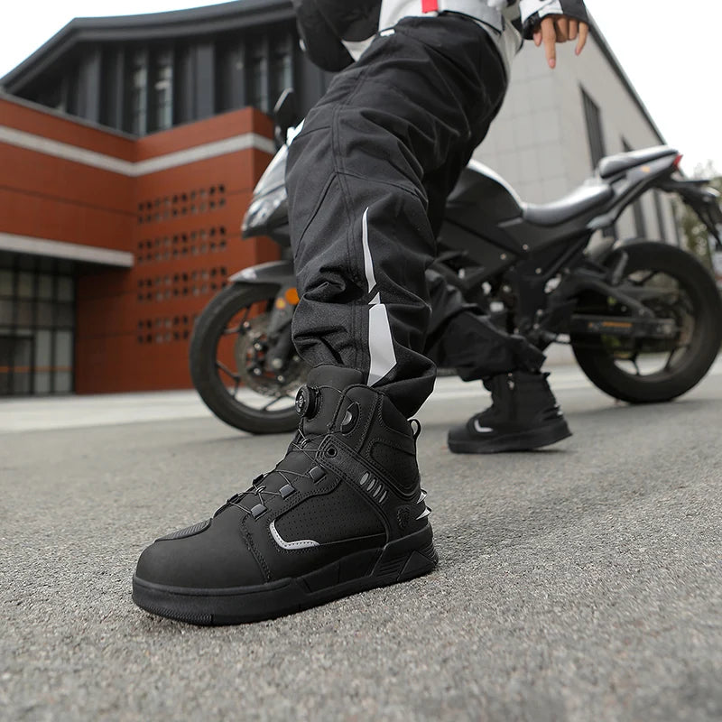 Leather Motorcycle Shoes Men's Genuine Cowhide Motos Protective Ankle Length Short Boots Motocross Breathable Anti Drop Shoes