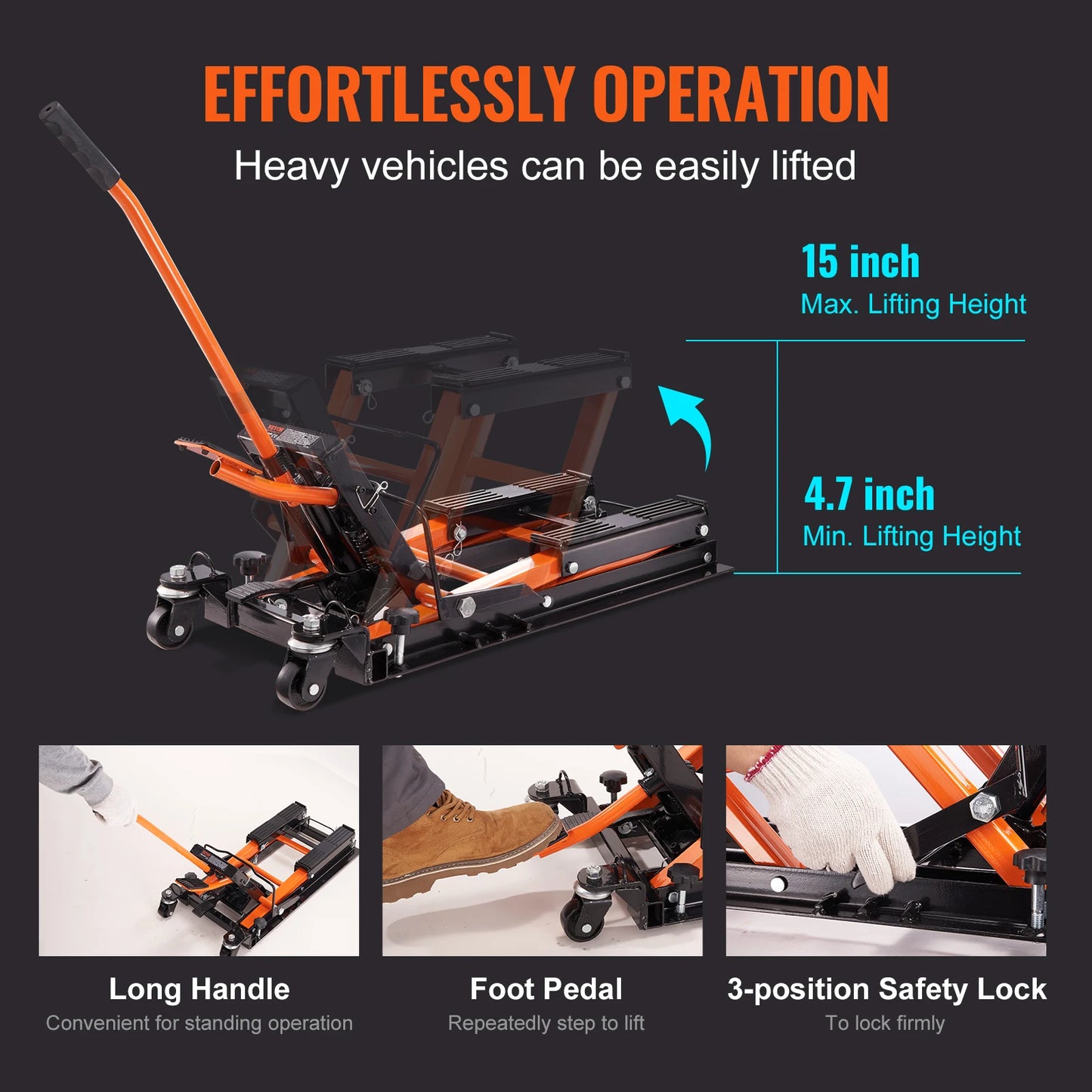 VEVOR Steel Hydraulic Motorcycle Jack Stand 1500 LBS ATV Scissor Lift Jack, 4.7"-15" Scissor Lift Jack Stand for Motorcycle ATV