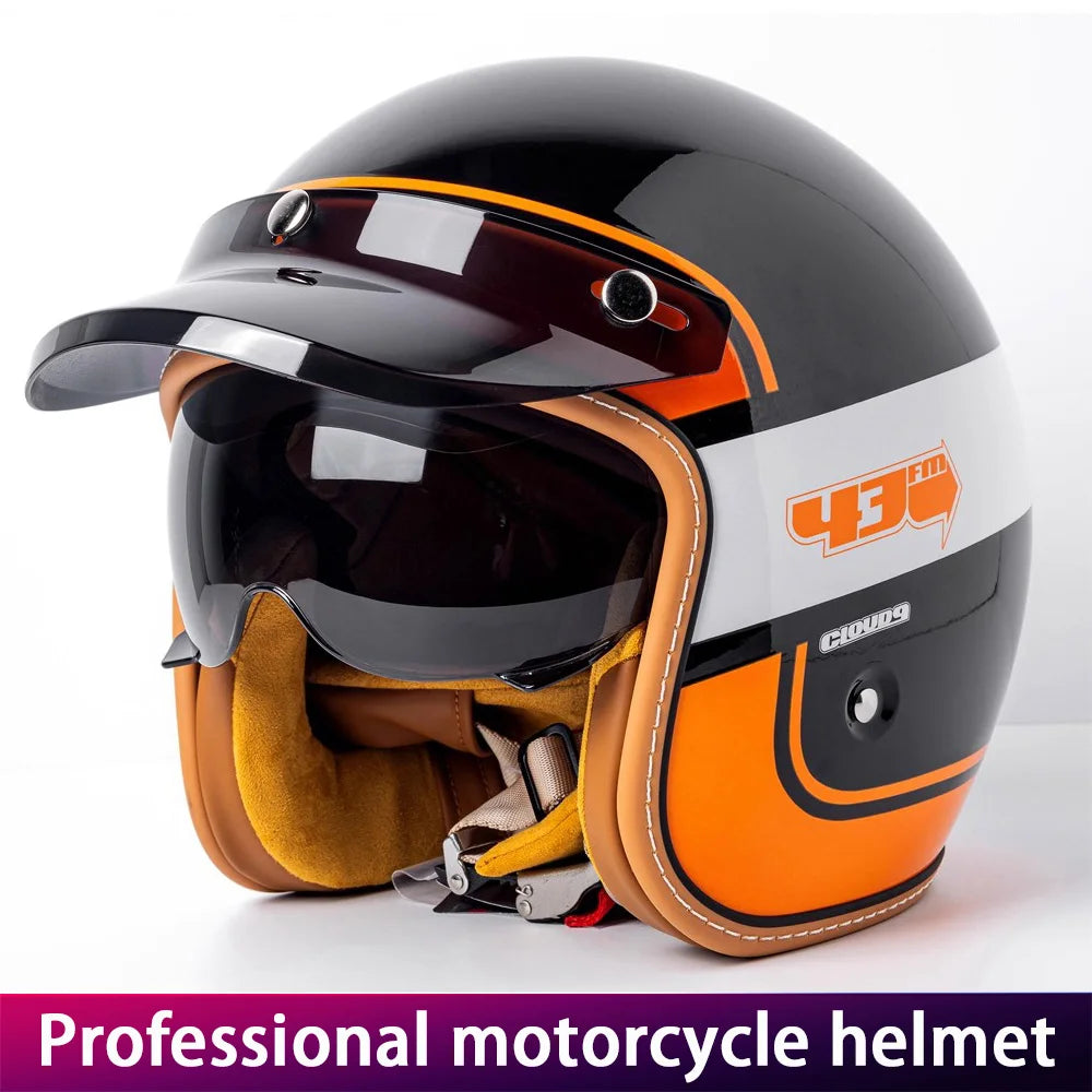 Retro Motorcycle Helmet Three-Quarter Bike Headwear for Men And Women Electric Vehicle Built-in Windshield Cruising Helmet