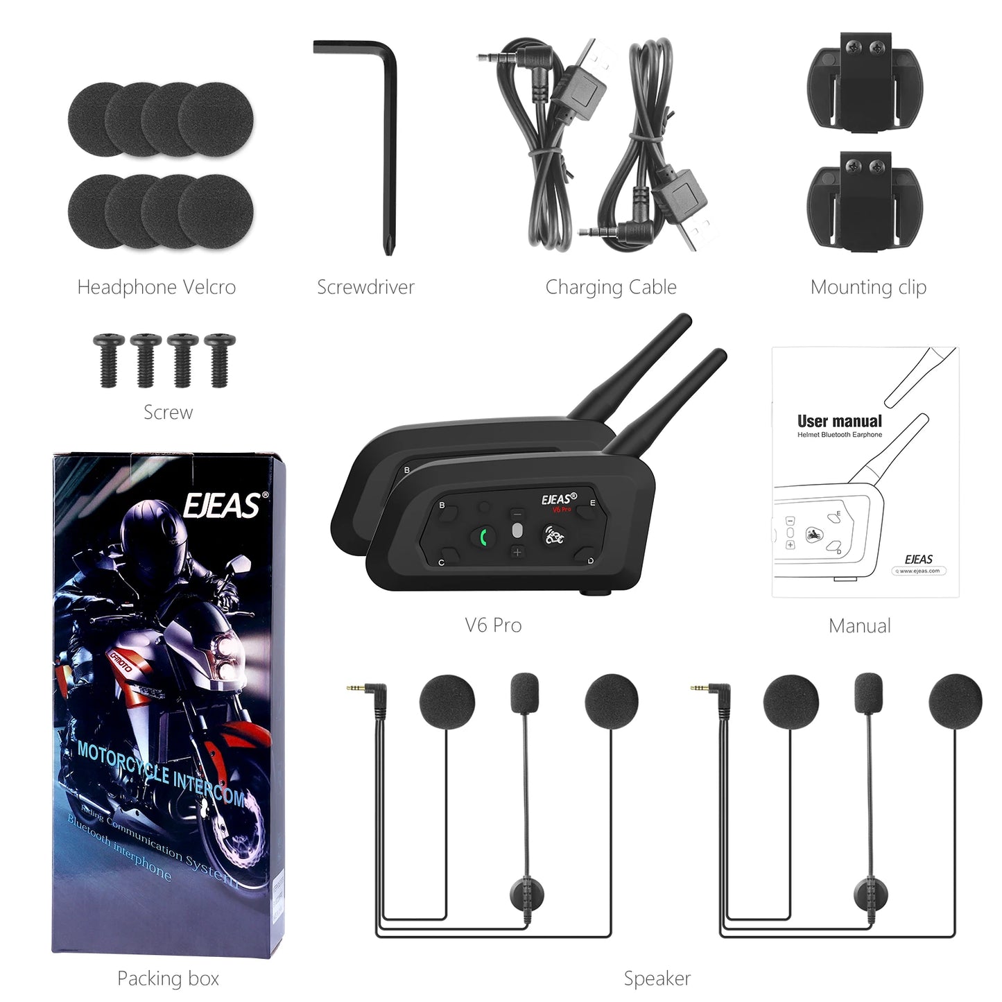 EJEAS V6 PRO Bluetooth Motorcycle Helmet Intercom Headset with 1200M BT Interphone Communicator for 6 Riders Waterproof