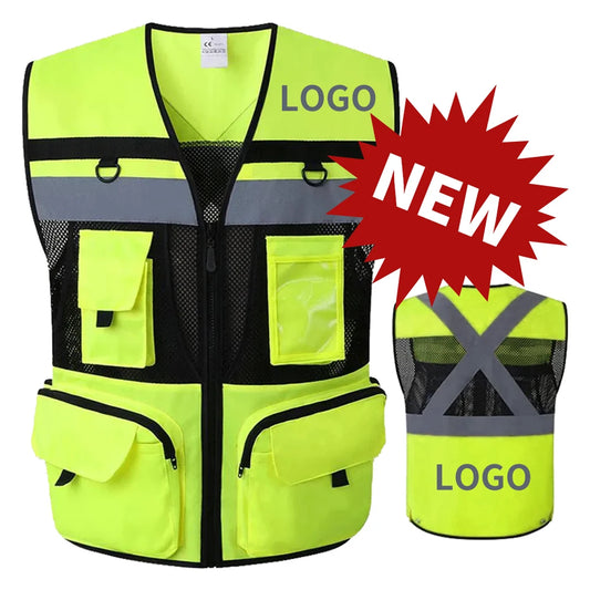 Custom LOGO Safety Vest Reflective With Tool Pockets Breathable Work gilet High Visibility Vest Mesh Reflective Vest Workwear