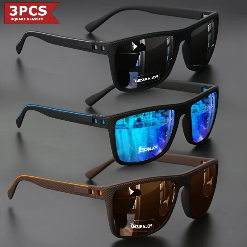 3pcs New Square Sunglasses Full Frame Polarized Spring Hinge Lightweight Unisex for Driving Fishing Sports Fashion