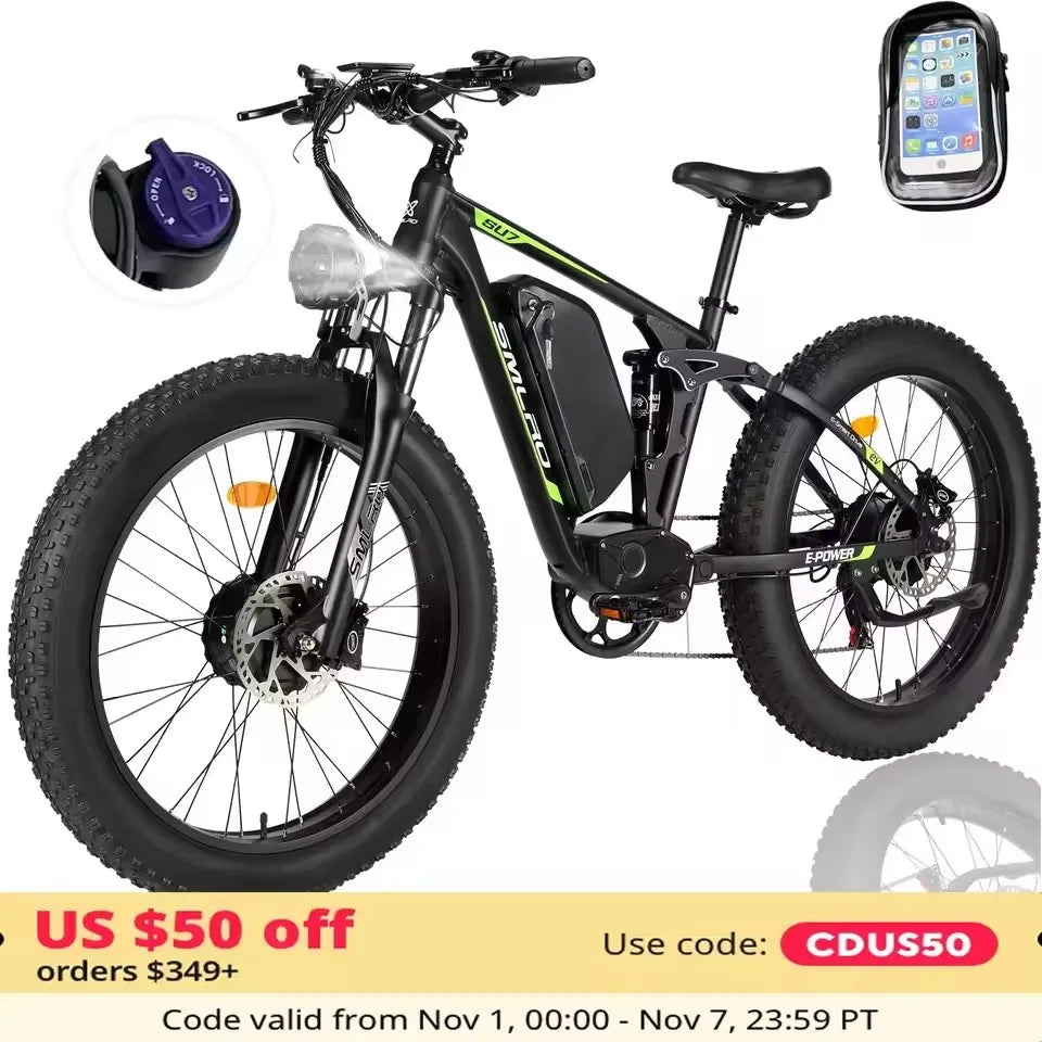 Hots Sales Su7 2000W Dual Motor Electric Bicycle, 7 Speed 35MPH MTB, 48V 22.4AH 26 ''Fat Tire Ebike with Full Suspension