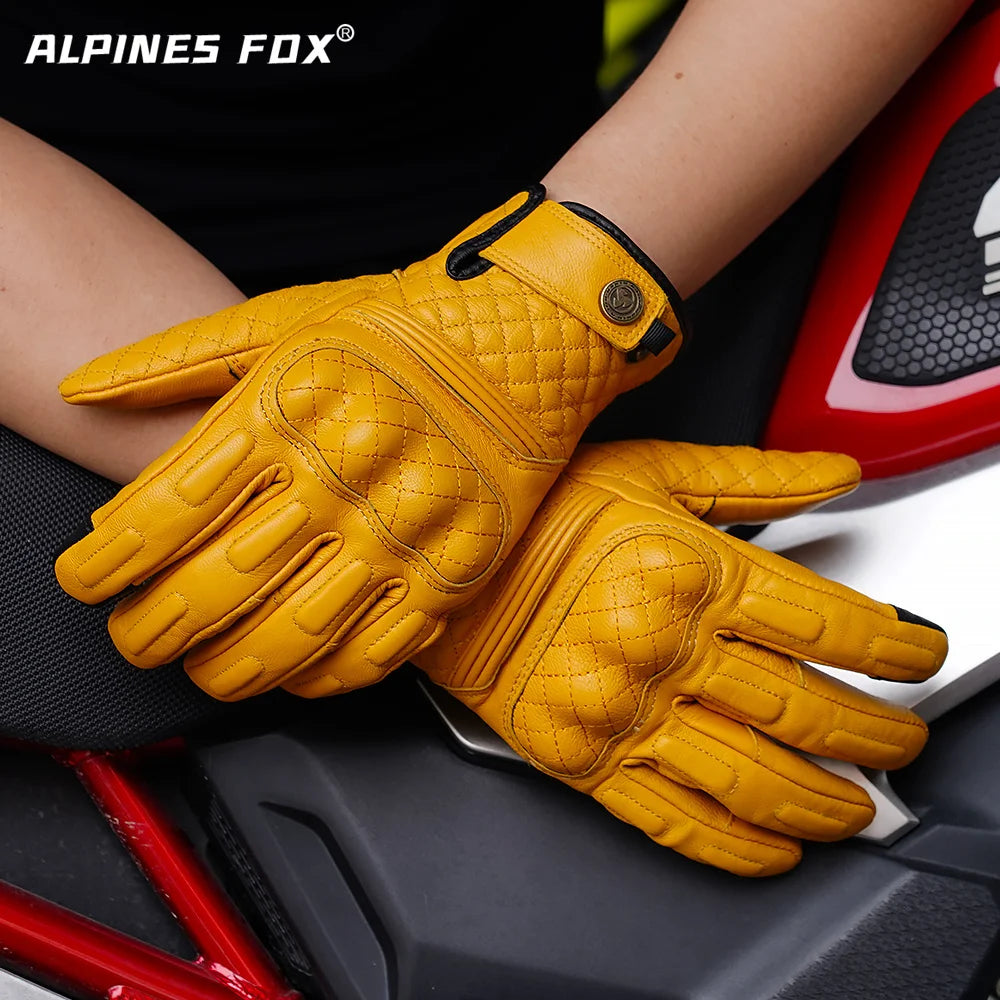 Vintage Motorcycle Gloves Touchscreen Retro Leather Motorbike Glove Men Women Cafe Racer Locomotive Knight Riding Guantes Yellow