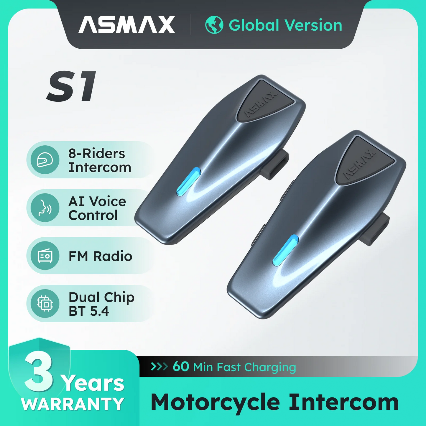 ASMAX Blue S1 Motorcycle Intercom Helmet Mesh Group Communication, Voice Control Bluetooth Headset for Snowmobile, Ski & ATV