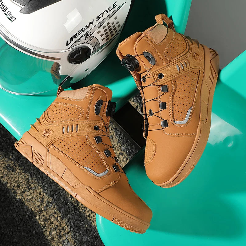 Leather Motorcycle Shoes Men's Genuine Cowhide Motos Protective Ankle Length Short Boots Motocross Breathable Anti Drop Shoes