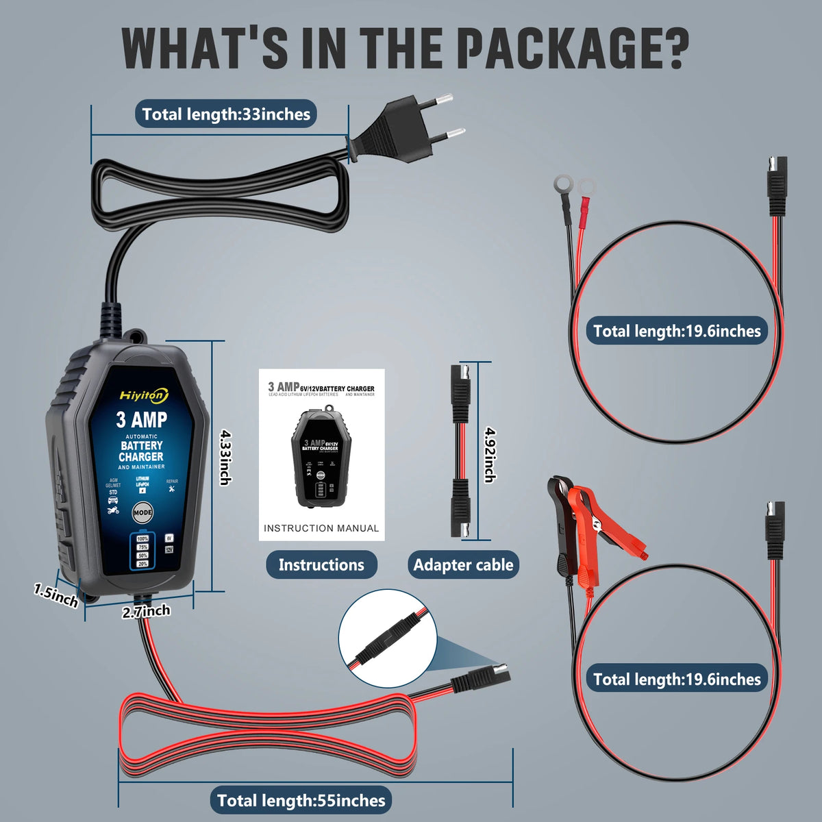 Hiyiton 6V 12V 3000mA Car Motorcycle Smart Battery Charger for Lithium LiFePO4 Lead-Acid Battery Pluse Repair Charge Maintainer