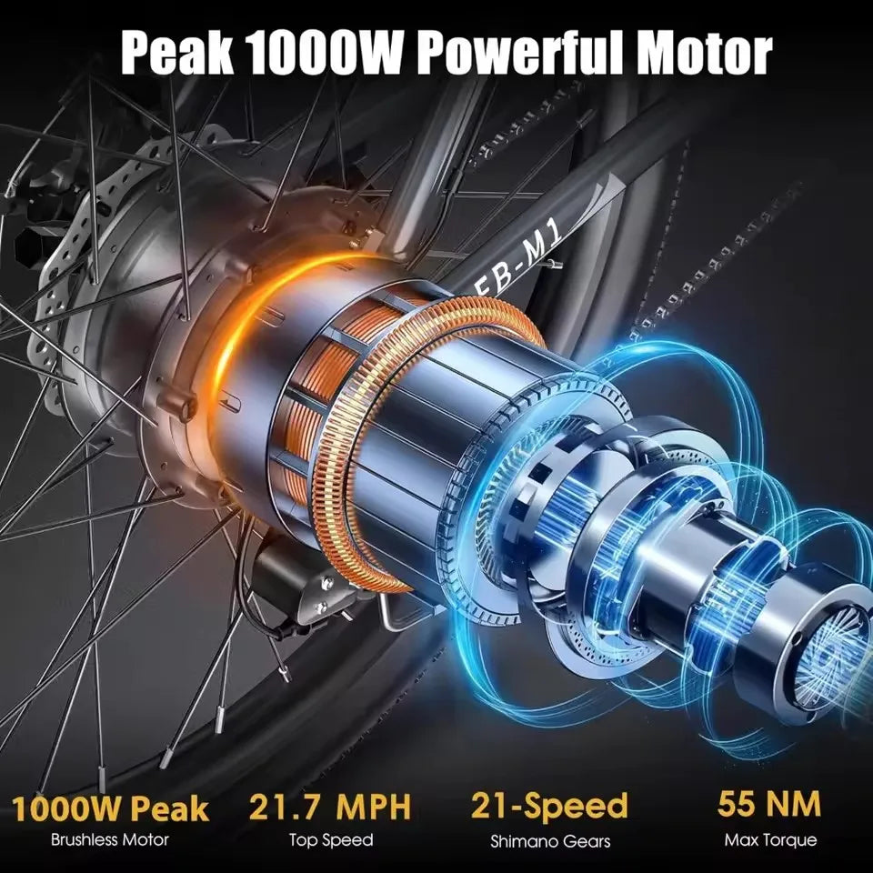 Electric Bike, Peak 1000W Ebike, 26 "Electric Mountain Bike 48V 374.4WH Battery with Adjustable Stemm, Commuter E Bike