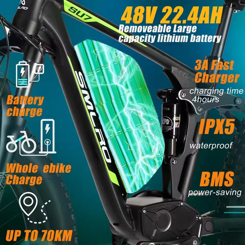 Hots Sales Su7 2000W Dual Motor Electric Bicycle, 7 Speed 35MPH MTB, 48V 22.4AH 26 ''Fat Tire Ebike with Full Suspension