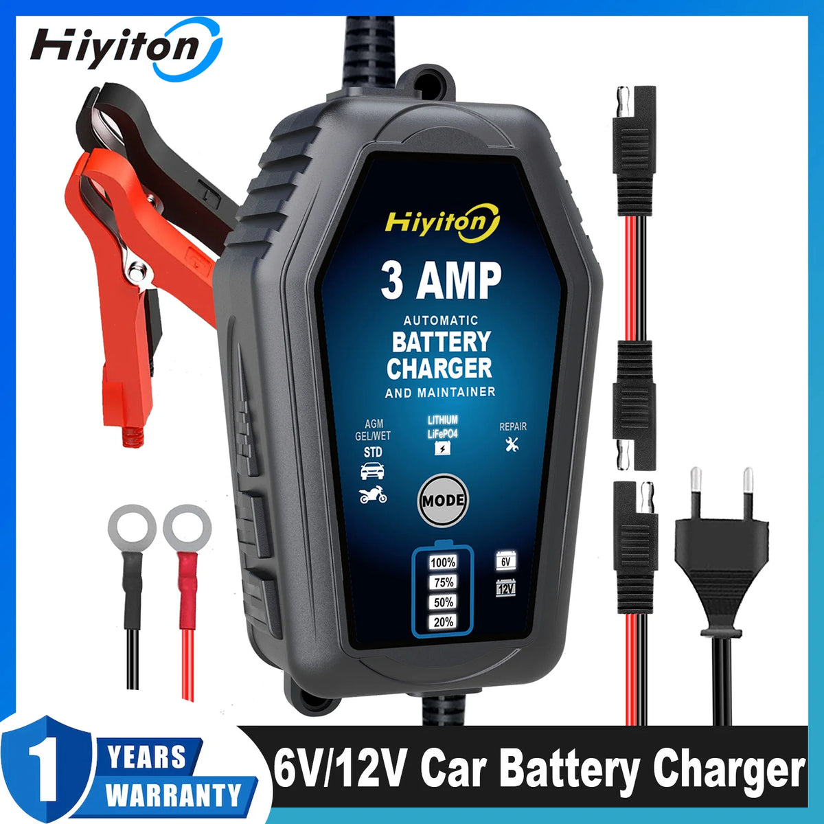 Hiyiton 6V 12V 3000mA Car Motorcycle Smart Battery Charger for Lithium LiFePO4 Lead-Acid Battery Pluse Repair Charge Maintainer