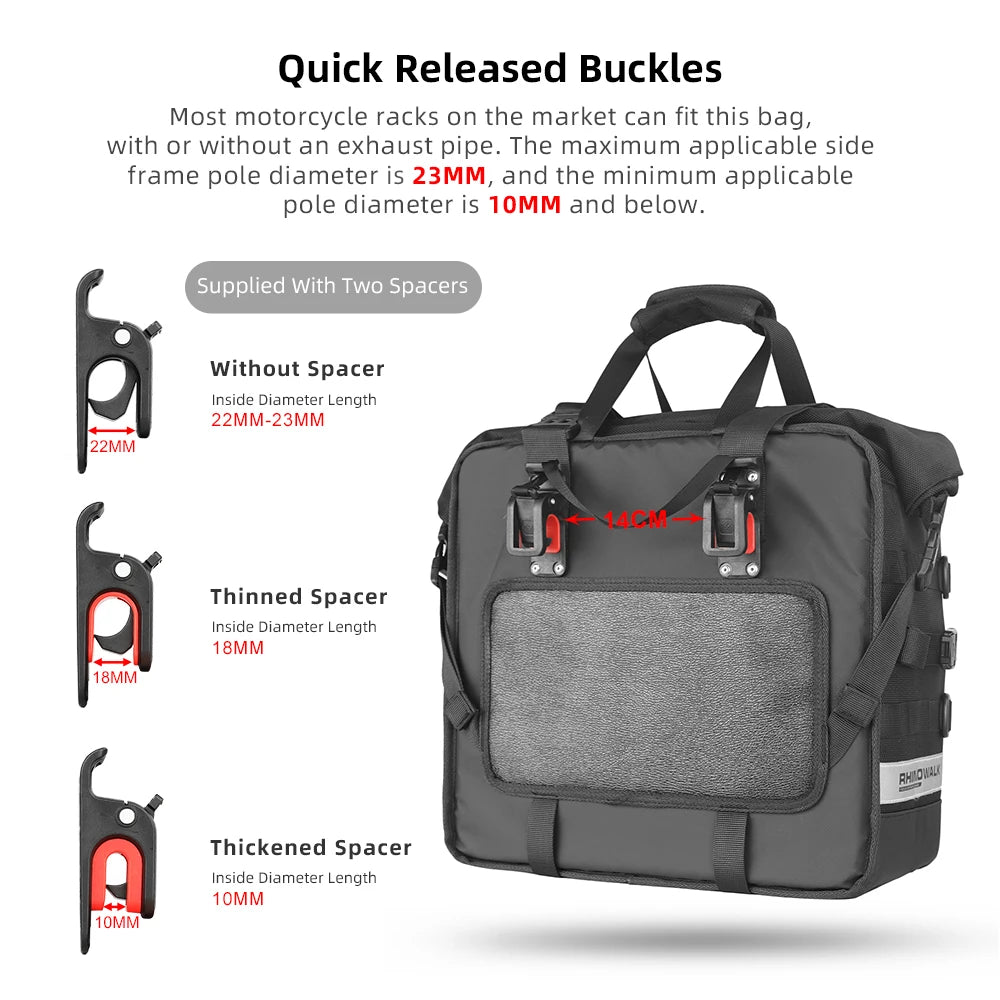 Rhinowalk 2Pcs Motorcycle Side Pannier Bag 25L 3D Cube Anti-Fall Quick Release Motorbike Saddle Box Riding Travel Luggage Bag