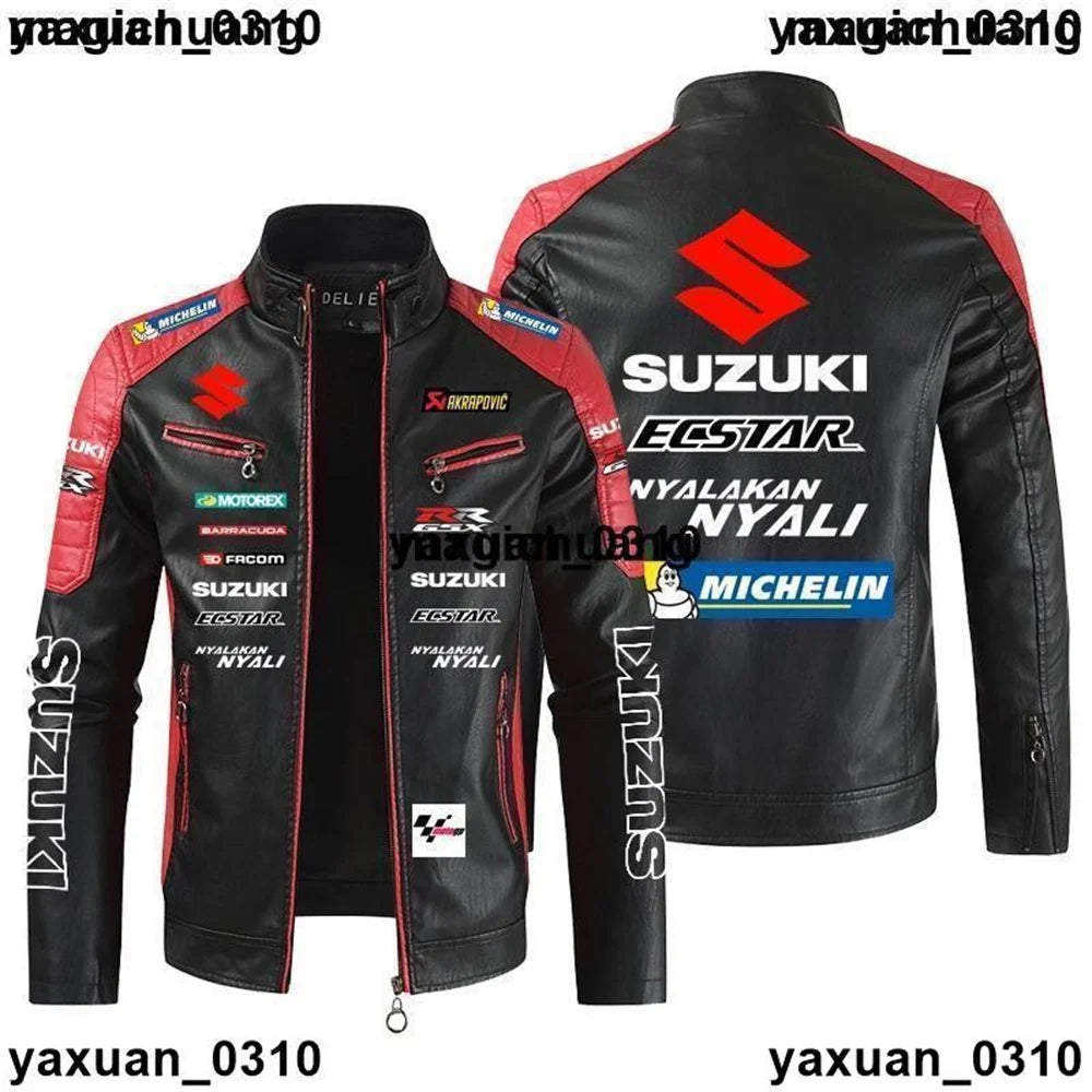 Men's PU high-end light luxury SUZUKI logo leather jacket autumn and winter stand collar motorcycle racing suit