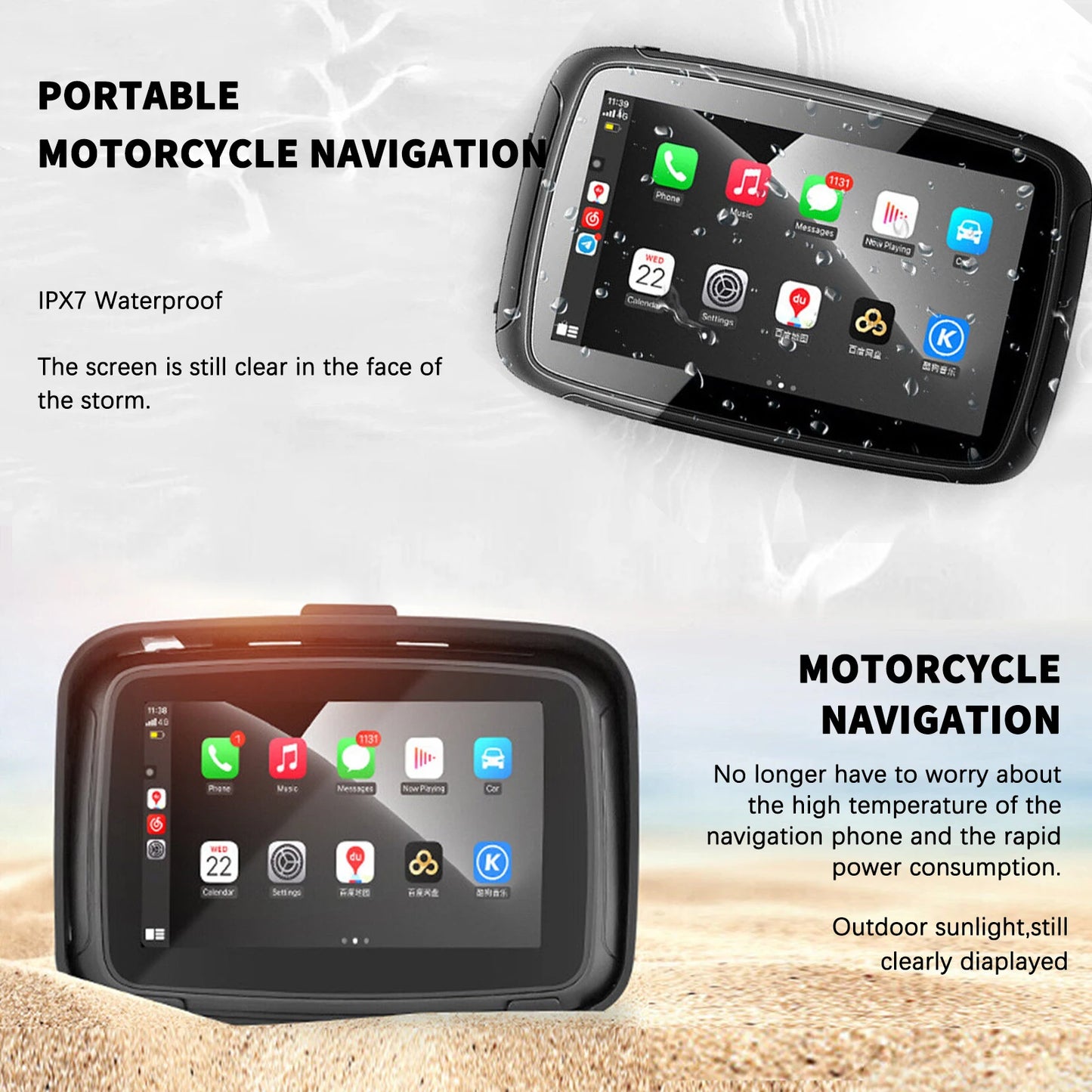 Binize 5 Inch IPS Touch Screen Portable Motorcycle Navigator Support Wireless CarPlay ＆ Android Auto Waterproof