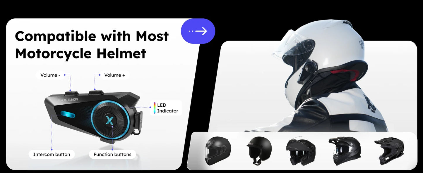 MAXRUNON D10 Motorcycle Bluetooth Intercom Helmet Headset 4 Riders Moto Group Interphone App AI Voice Control ENC IPX7 FM BT5.4