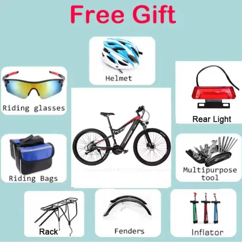RANDRIDE YG90 Electric Bicycle 1000W 48V17AH Hydraulic Brake Ebike with Full Suspension 21 Gears Shift Free Rack