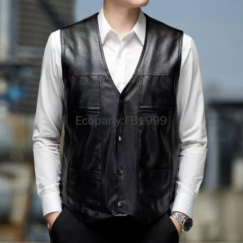 New Men Fashion Pu Leather Punk Biker Vest Spring Autumn Sleeveless Jacket For Men Black V-neck Pocket Motorcycle Waistcoat Male