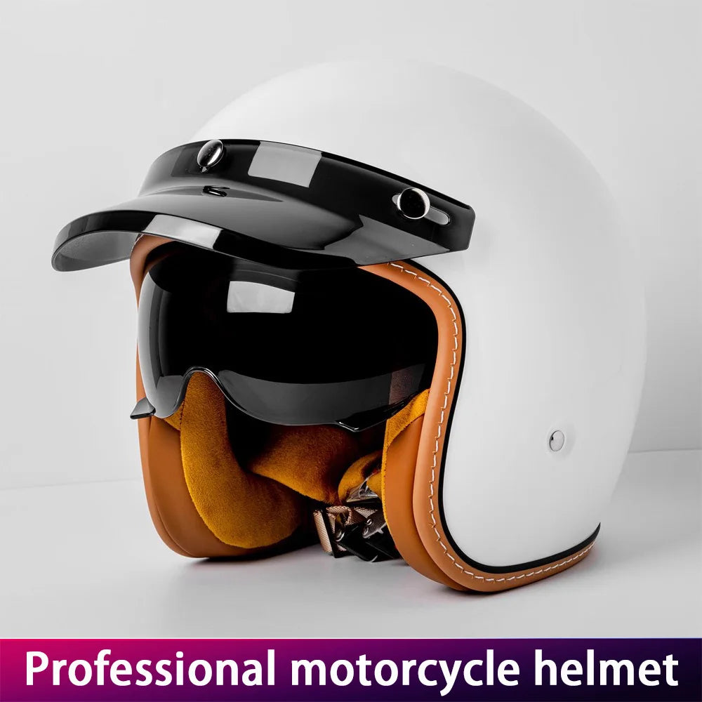 Retro Motorcycle Helmet Three-Quarter Bike Headwear for Men And Women Electric Vehicle Built-in Windshield Cruising Helmet