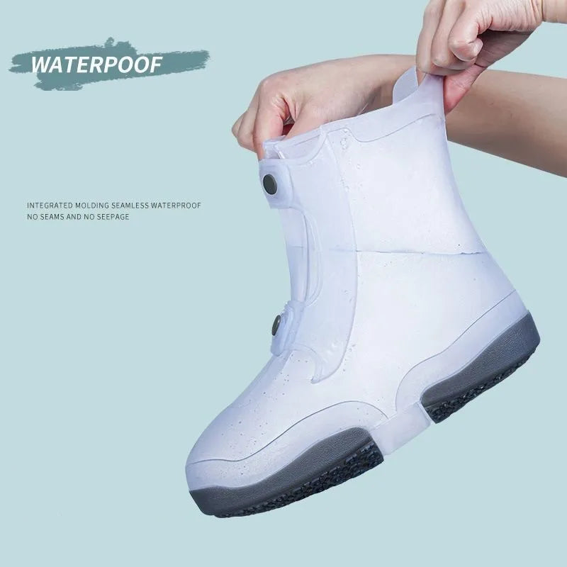 1set Two Tone Shoe Covers Waterproof Overshoes Washable Anti Skid Shoe Covers With Button White Durable Shoe Covers