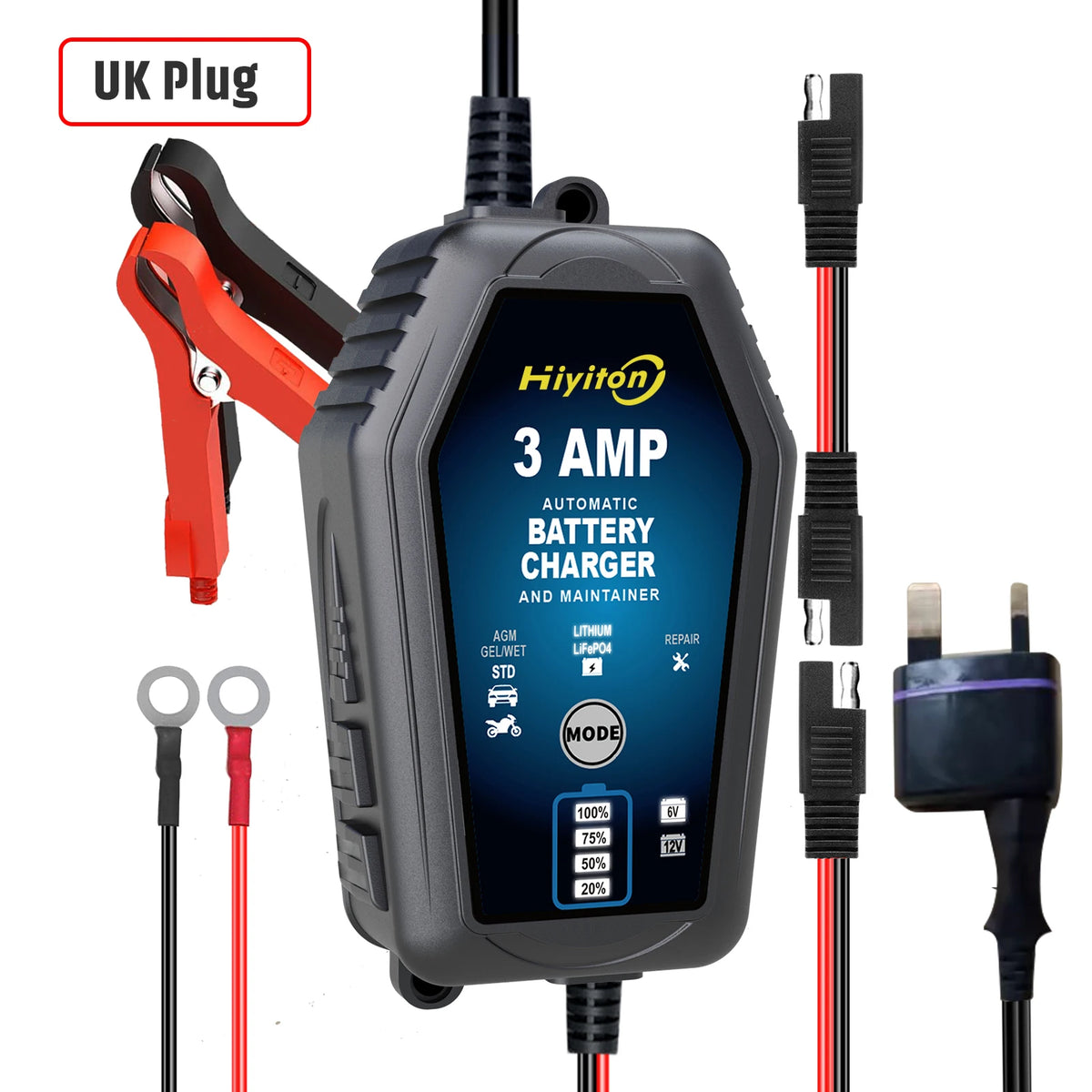 Hiyiton 6V 12V 3000mA Car Motorcycle Smart Battery Charger for Lithium LiFePO4 Lead-Acid Battery Pluse Repair Charge Maintainer
