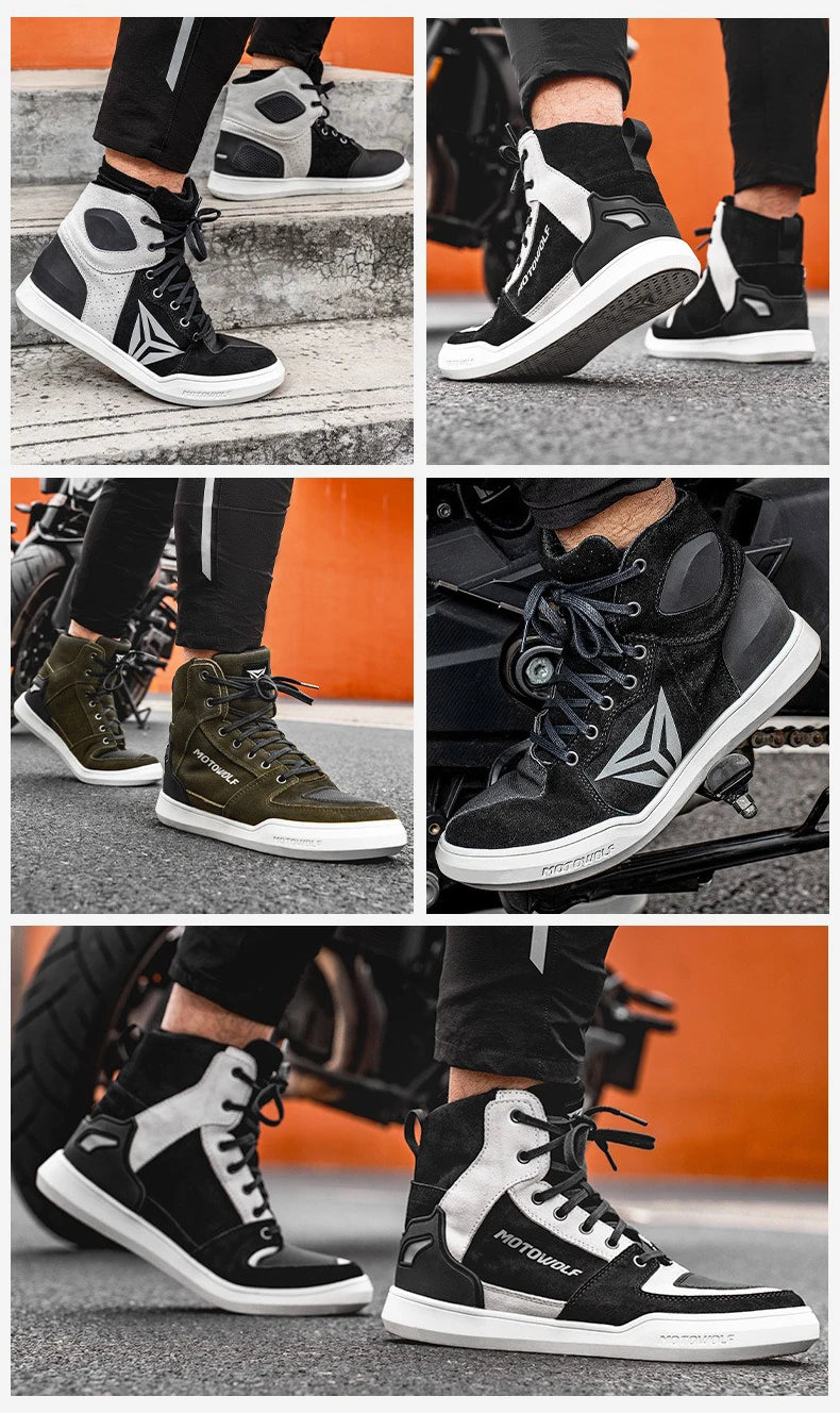 MOTOWOLF Motorcycle Boots Summer Breathable Leather Ventilated Riding Shoes Retro Anti-Slip Off-road Biker Shoes for Men Women