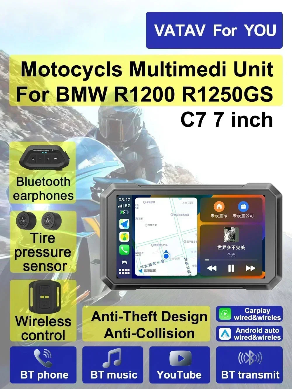 C7 For BMW R1200GS R1250 R1300GS Touch Outdoor Waterproof Sunsceen External Portable Motorcycle Navigator CarPlay Android Auto