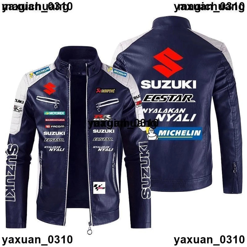 Men's PU high-end light luxury SUZUKI logo leather jacket autumn and winter stand collar motorcycle racing suit