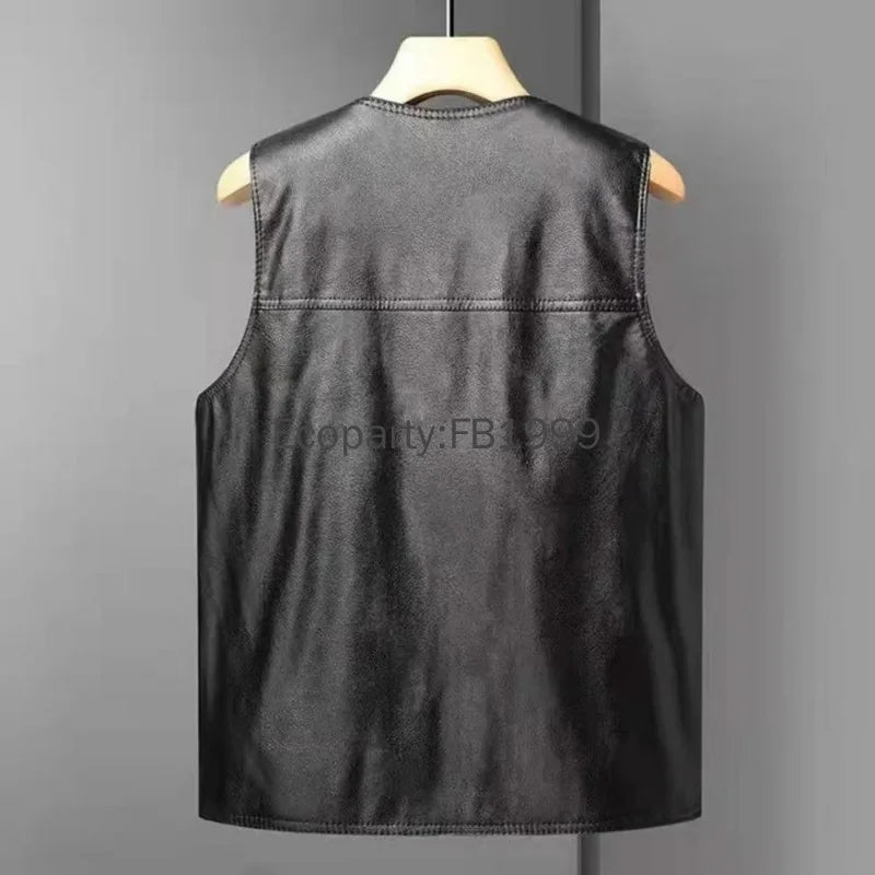 New Men Fashion Pu Leather Punk Biker Vest Spring Autumn Sleeveless Jacket For Men Black V-neck Pocket Motorcycle Waistcoat Male