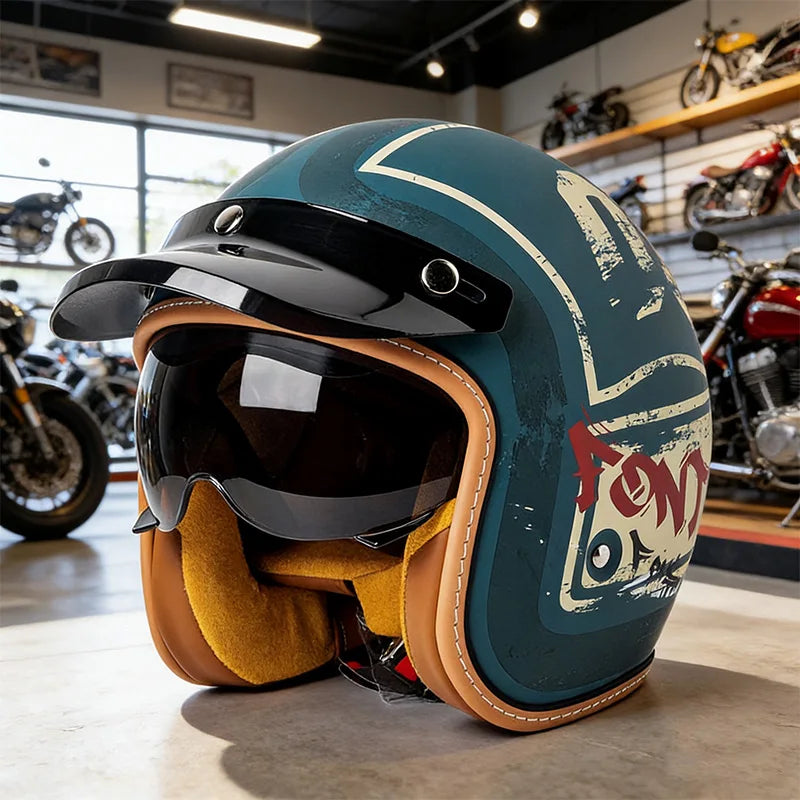 Retro Motorcycle Helmet Three-Quarter Bike Headwear for Men And Women Electric Vehicle Built-in Windshield Cruising Helmet