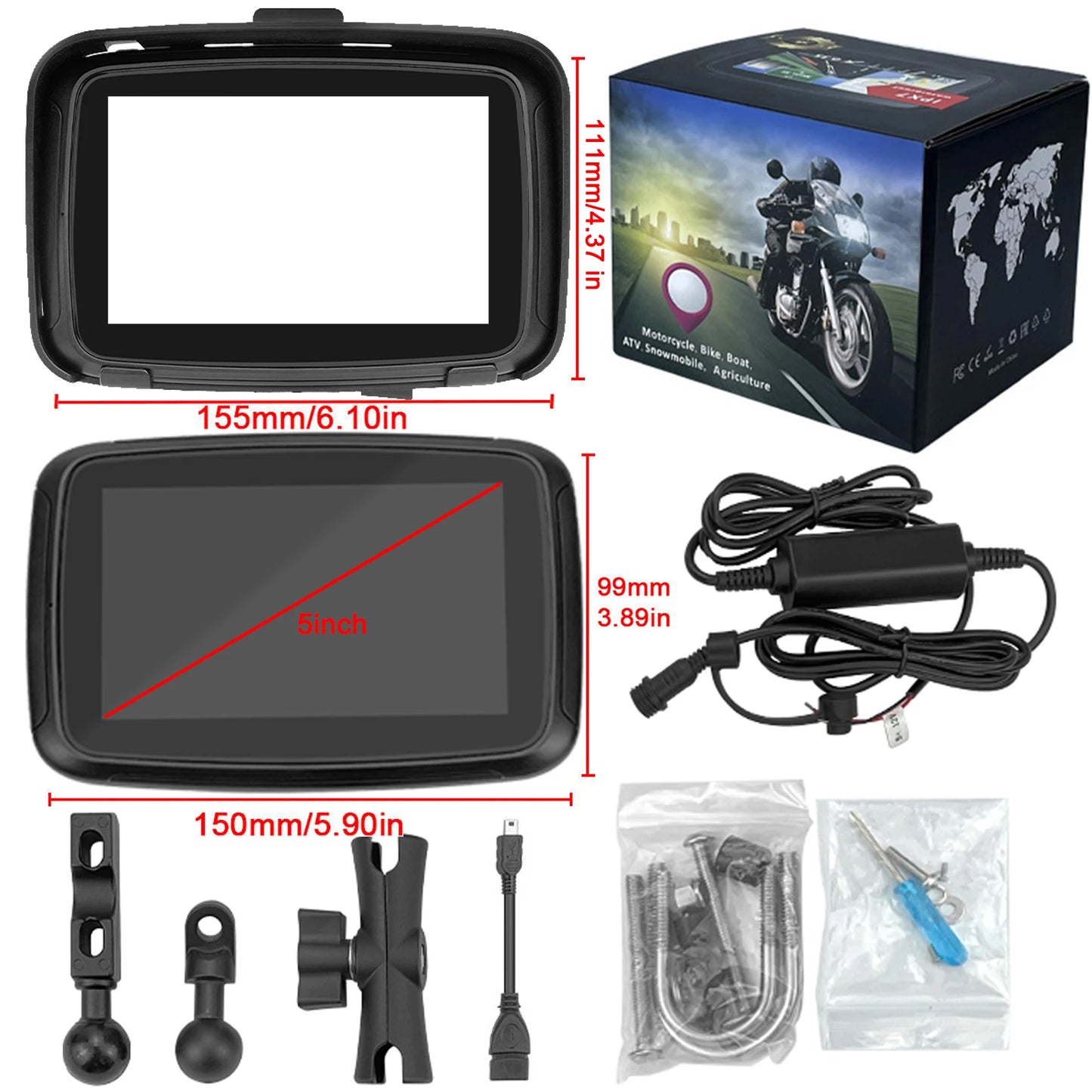 Binize 5 Inch IPS Touch Screen Portable Motorcycle Navigator Support Wireless CarPlay ＆ Android Auto Waterproof