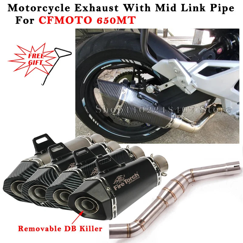 Slip On For CFMOTO 650MT 650 MT Motorcycle Exhaust System Escape Modified Carbon Fiber Muffler With Middle Link Pipe DB Killer