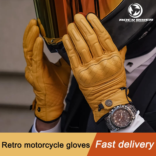 Vintage Motorcycle Gloves Touchscreen Retro Leather Motorbike Glove Men Women Cafe Racer Locomotive Knight Riding Guantes Yellow