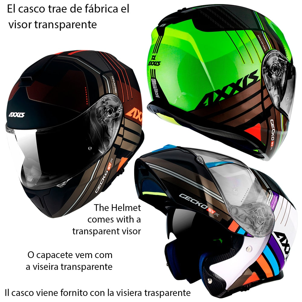 Axxis FU403SV Gecko SV Epic 3 graphics colors sizes XS, S and XL transparent screen modular biker helmet (not include black viewfinder)